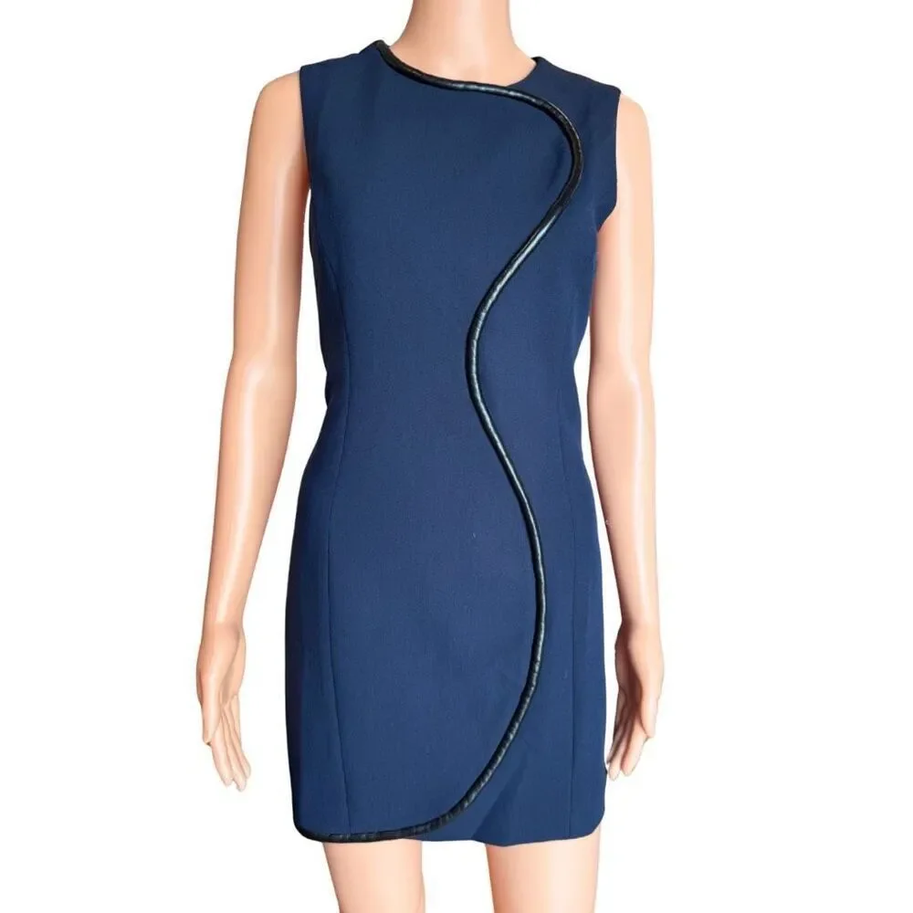 NWT Amanda Uprichard Andie Dress Navy Blue Faux Leather Trim Mini Medium Party